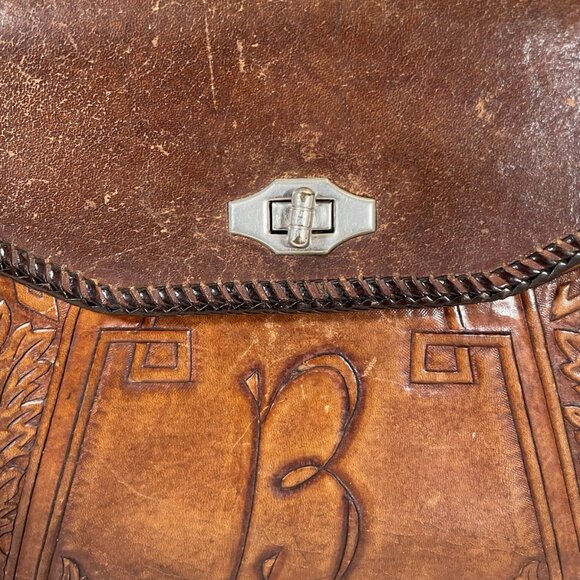 Vintage Tooled Leather Crossbody Bag Brown Boho Floral Embossed Flap Turn Lock - Picture 6 of 10
